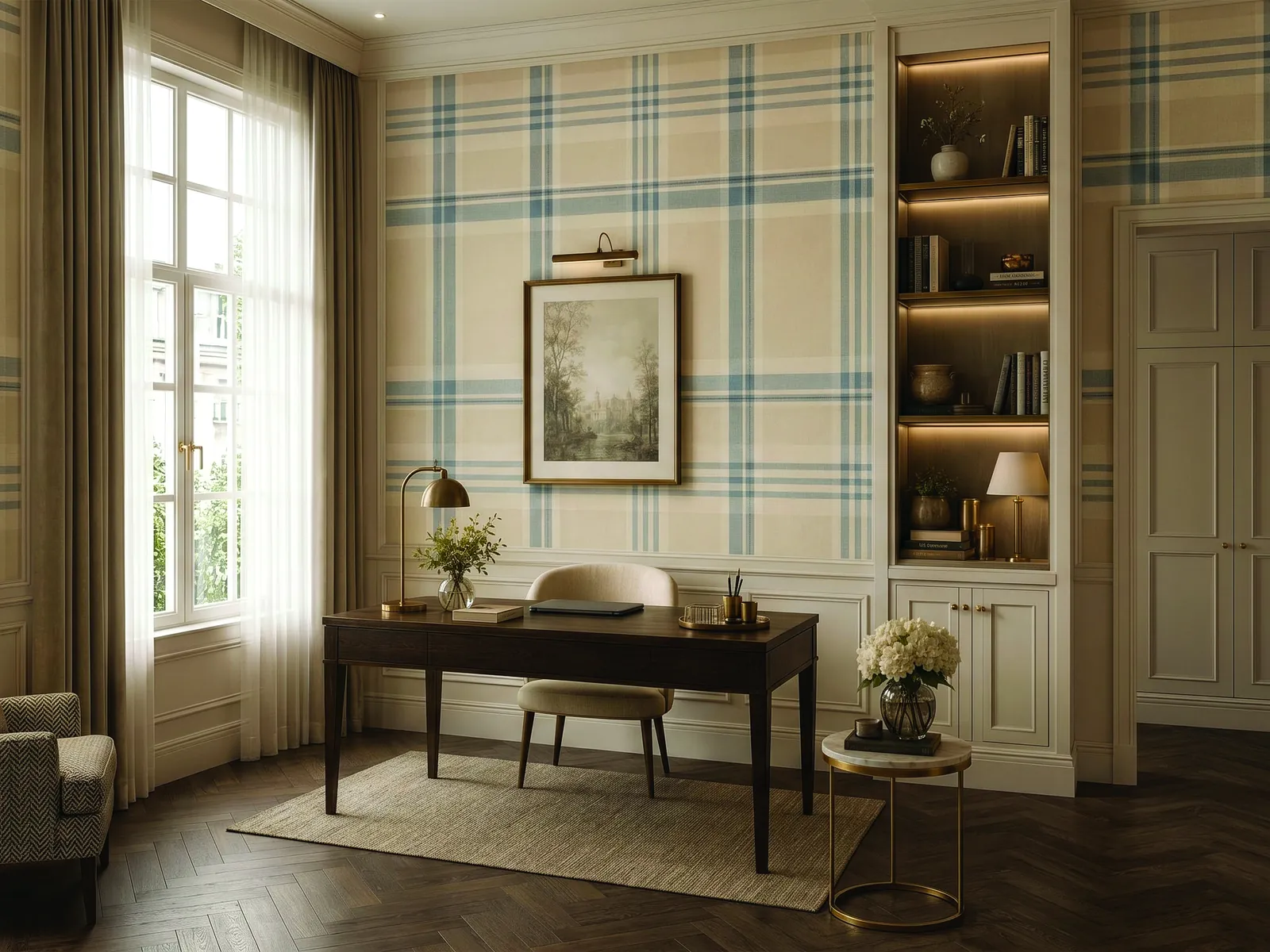 Elegant study styled with plaid wallpaper, drapery, and warm wooden flooring