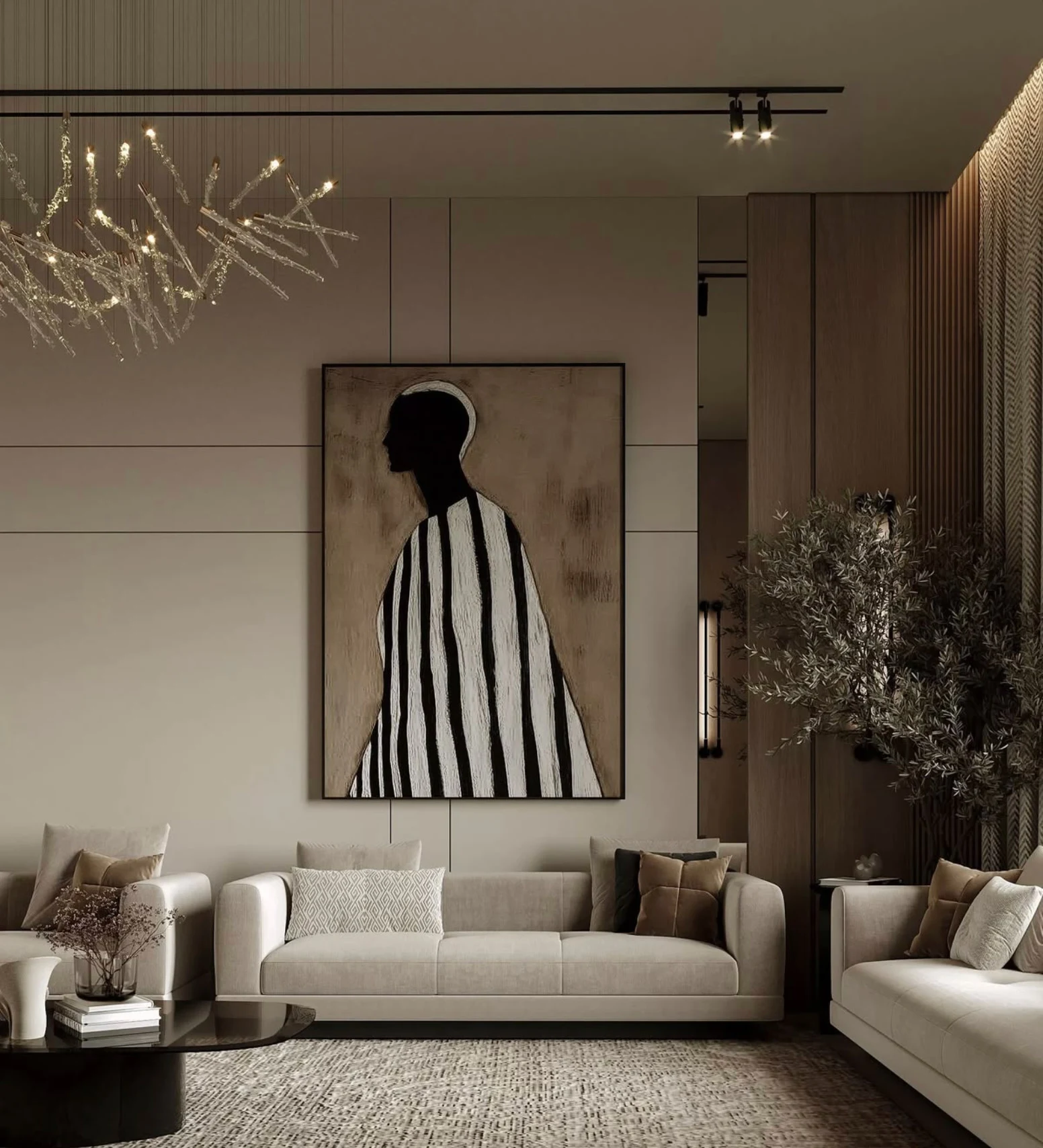 Sophisticated taupe living room with sculptural pendant lighting and statement wall art