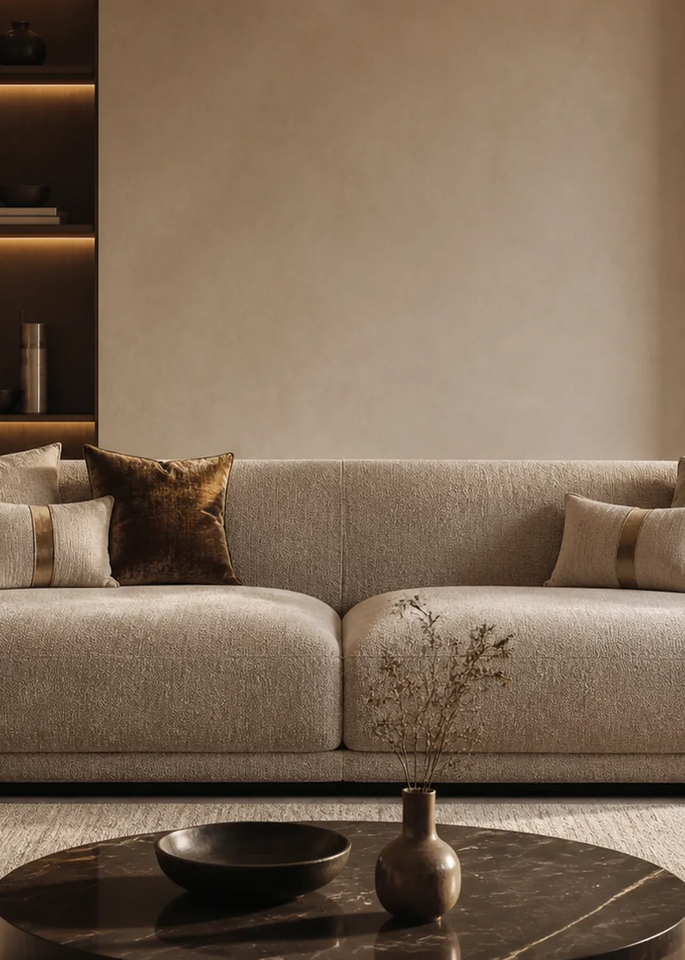 Sculptural sofa in premium warm neutral upholstery