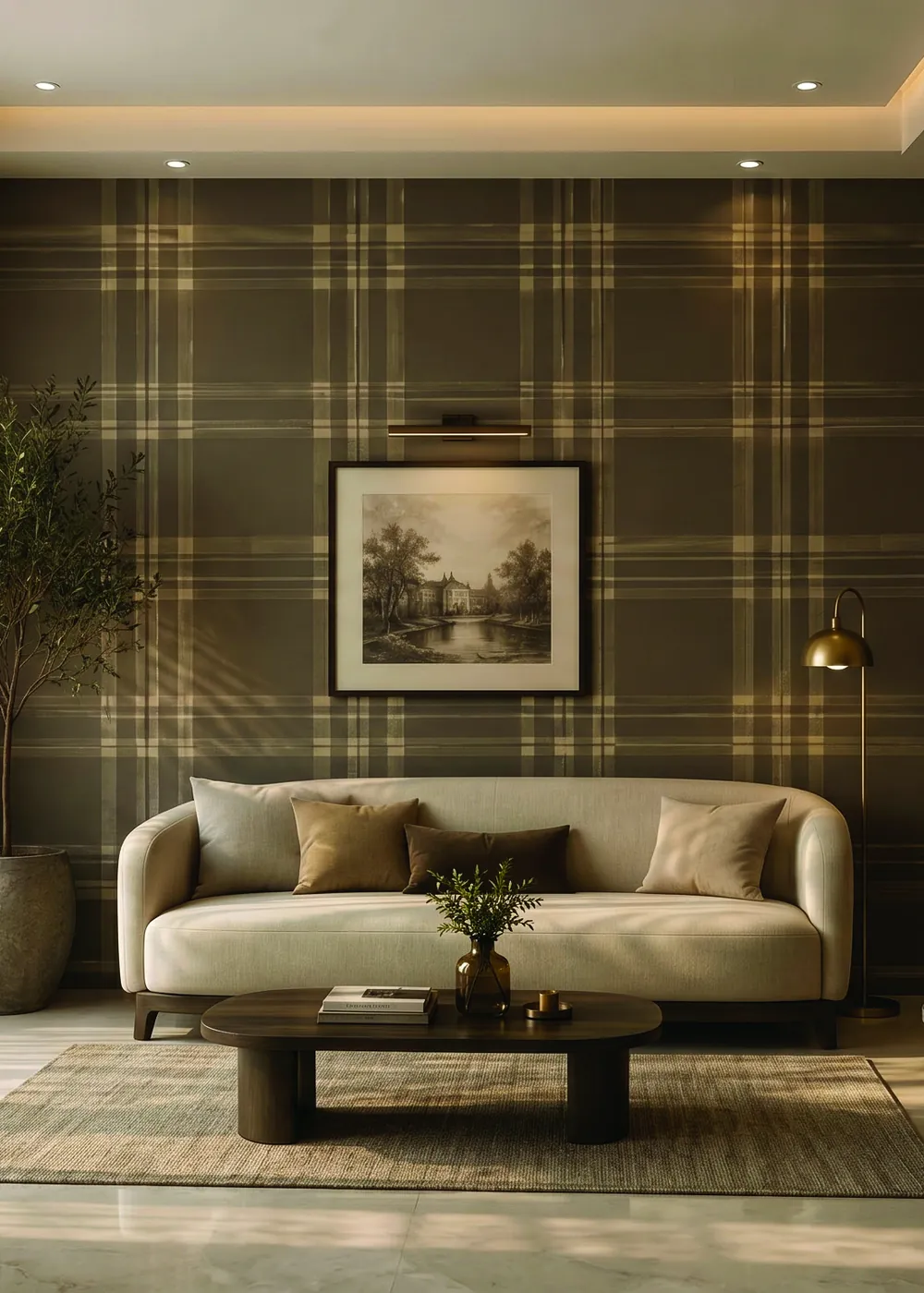 Plaid wallpaper styled in an elegant living room
